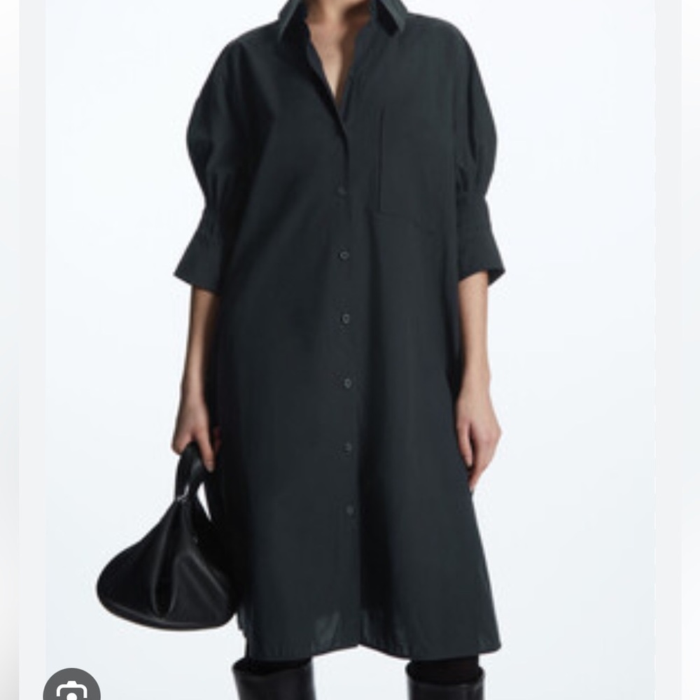 BLACK Gathered Sleeve Mini Shirt Dress